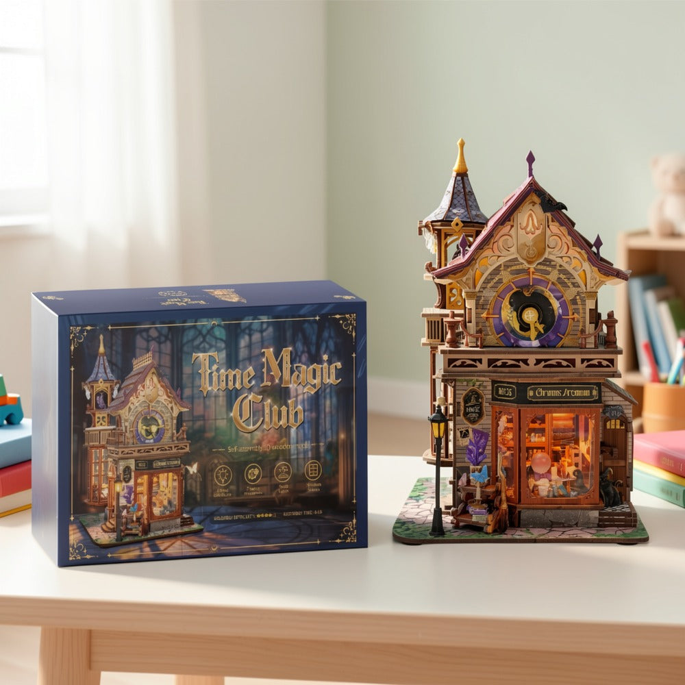 DIY Wood Miniature Bookhouse Model Kit SQ-71 Time Magic Club with Mechanical Link System – Adult Collector Dollhouse Display 