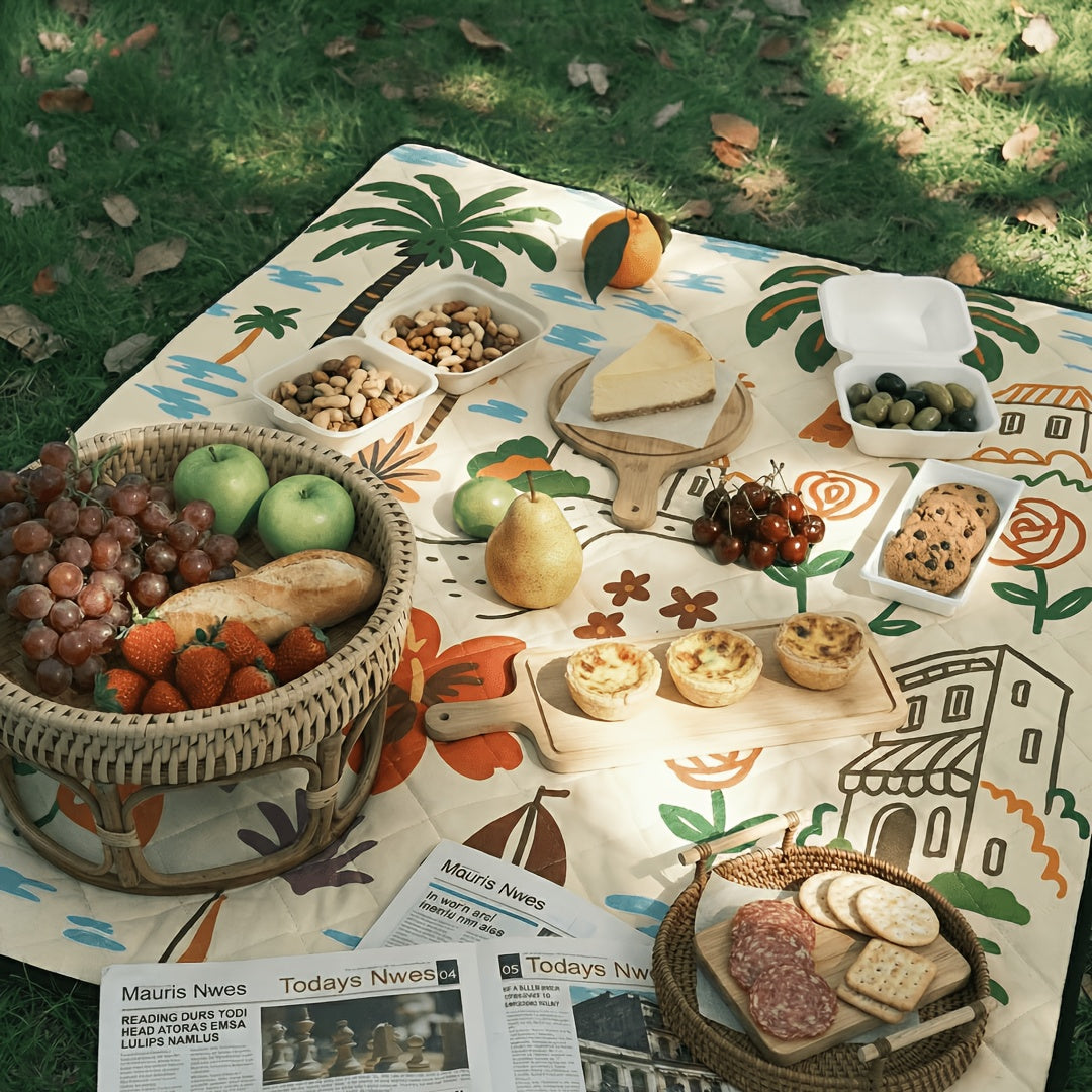 Large Padded Picnic Blanket with Carry Straps in Geometric, Palm-Village or Tropical Leaf Prints — image 11