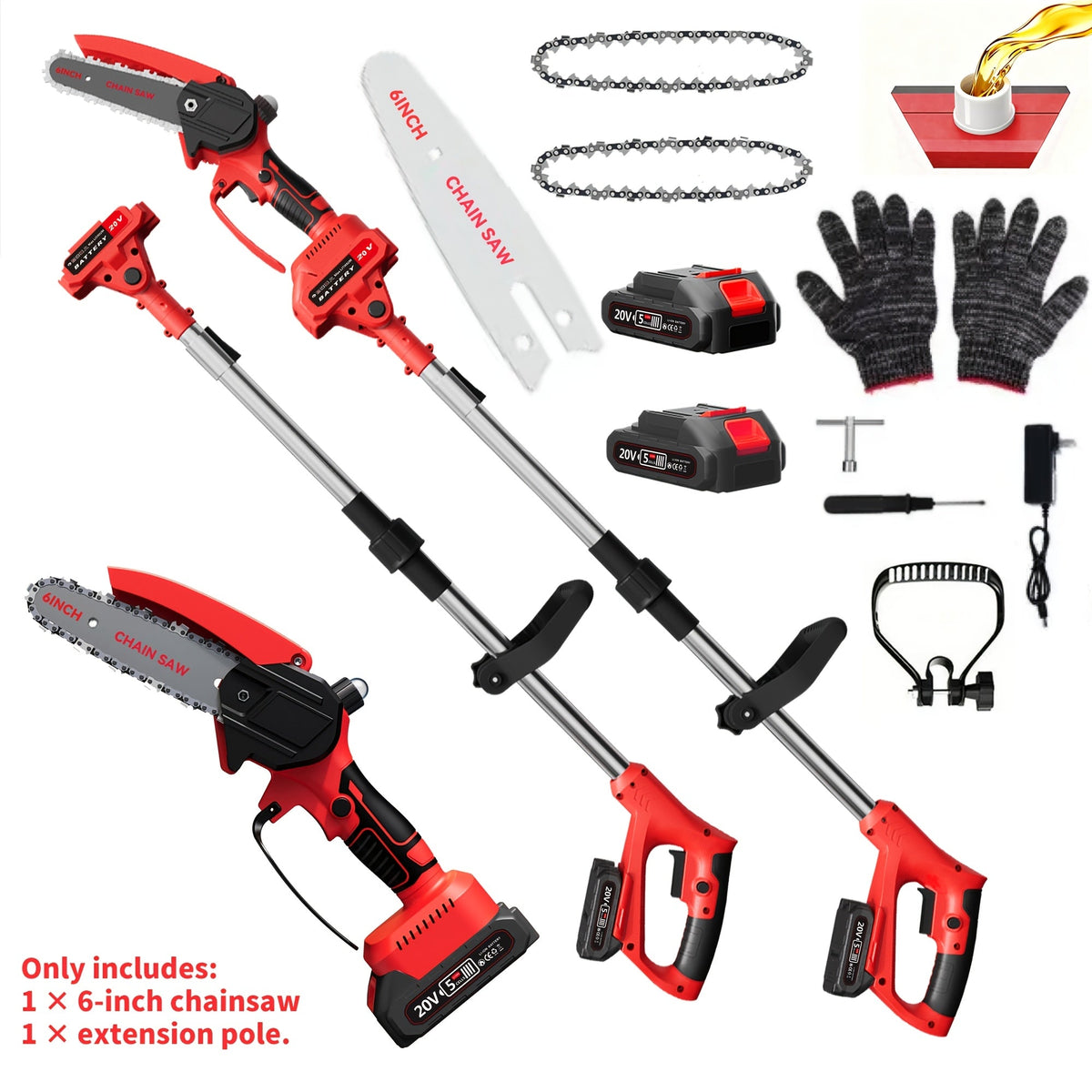 6-Inch Foldable Cordless Pole Saw with Two Chains, Red or Yellow Dual-Battery Packs and Black Option — image 1