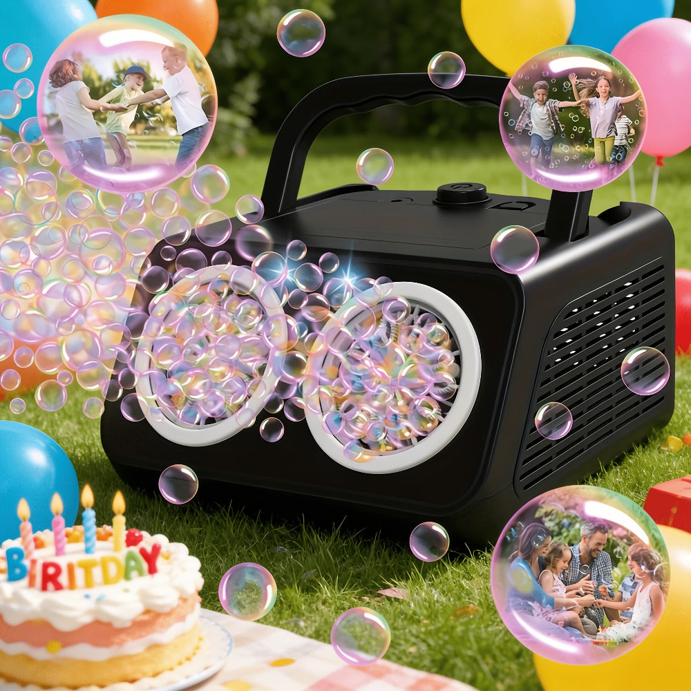 White Dual-Wheel Bubble Machine with Material Thickened Label, Handle, USB Port and Battery Compartment — image 9