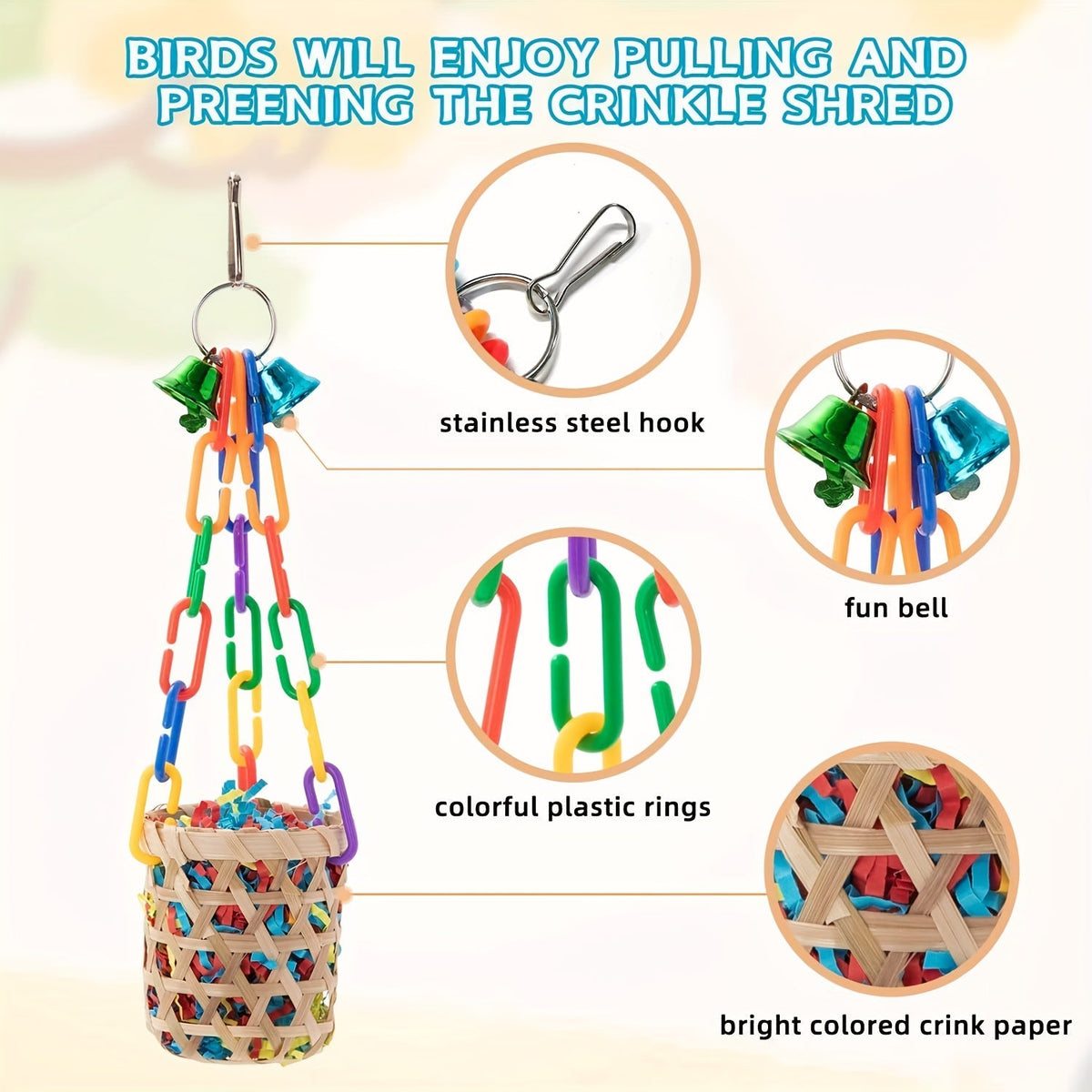 Six-Piece Hanging Bird Toy Set with Wood, Paper, Plastic Rings, Bell, Rope and Metal Hooks for Small Parrots — image 3
