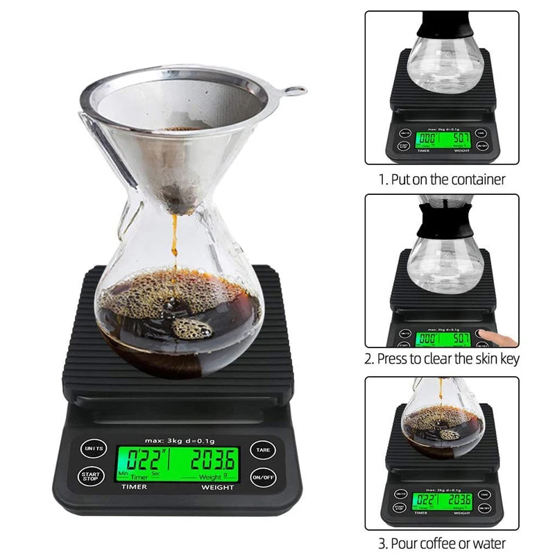 Digital kitchen coffee scale with timer, high - precision LCD, 5kg/0.1g