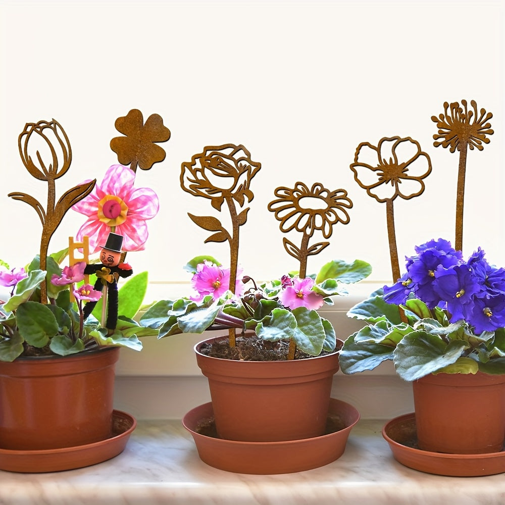 Rustic Flat Metal Flower Garden Stakes, Six-Piece Rose, Daisy and Botanical Set for Pots and Borders — image 4