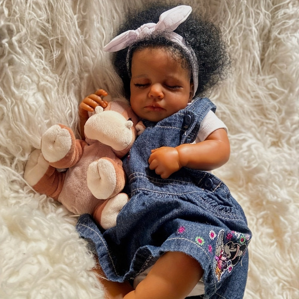 Reborn Baby Doll 19 Inch Curly Blue Hair with Sleeping Sounds Cloth Body & Lifelike Weight — image 4