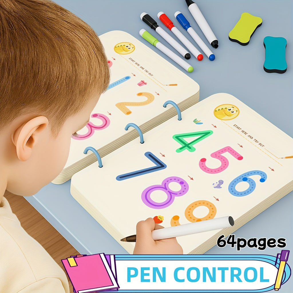 Magic Practice Handwriting & Drawing Book Set for Kids Ages 3-8, 64 Pages Reusable Wipe Clean Workbook with 8 Erasable Pens &