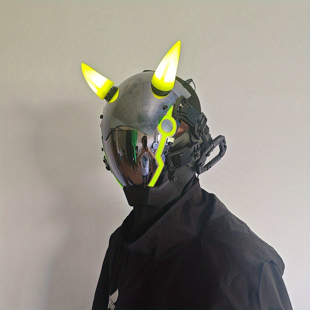 Pink LED Cyberpunk Costume Mask with Horned Full-Face Helmet, Reflective Visor and Lighted Accent Lines — image 24