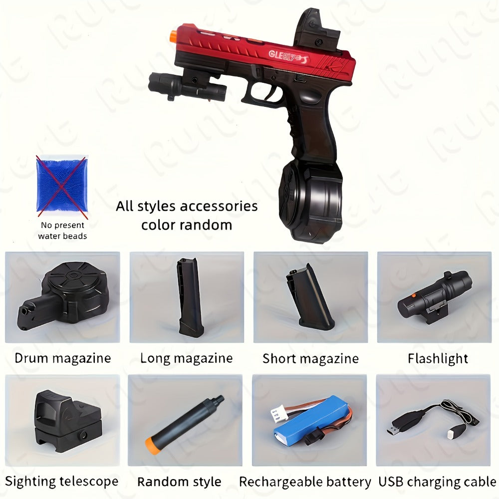 Compact Red-and-Black Electric Gel Blaster Set with Drum, Two Magazines, Sight, Goggles and USB Cable — image 4