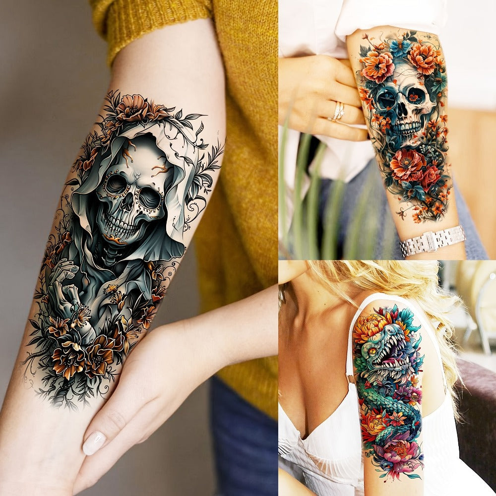 Temporary Tattoos, 71-Sheet Old School and Gothic Set with Tiger, Wolf, Lion, Dragon, Skull and Floral Motifs — image 2