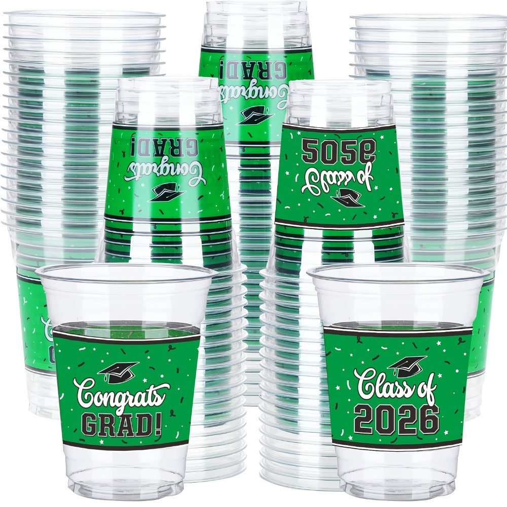 Graduation Plastic Mugs 100 Pack 14oz, 2026 Graduation Party Cups in Black Red Blue Green Purple Maroon for Graduation Ceremo