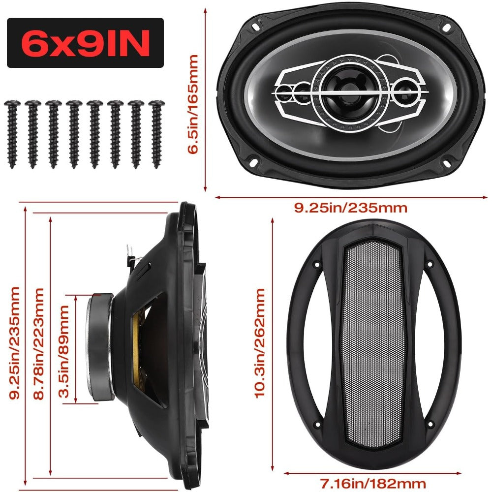 Pair of 6 x 9 Inch Five-Way Coaxial Car Speakers Labeled 1000W Peak, 120W RMS and 4 Ohms with Grilles — image 4