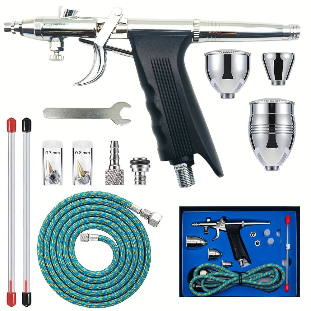 Double-Action Trigger Airbrush Kit with 0.3, 0.5 and 0.8 mm Nozzles, Three Cups and Pictured 6 ft Hose — image 2