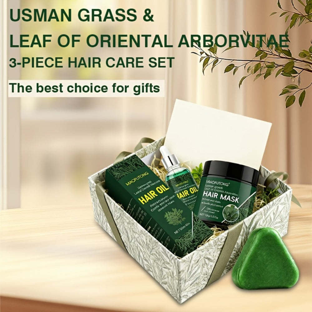 Three-Piece Usman Grass Hair Care Kit with 120g Triangular Shampoo Bar, Oil and Mask Formats — image 12