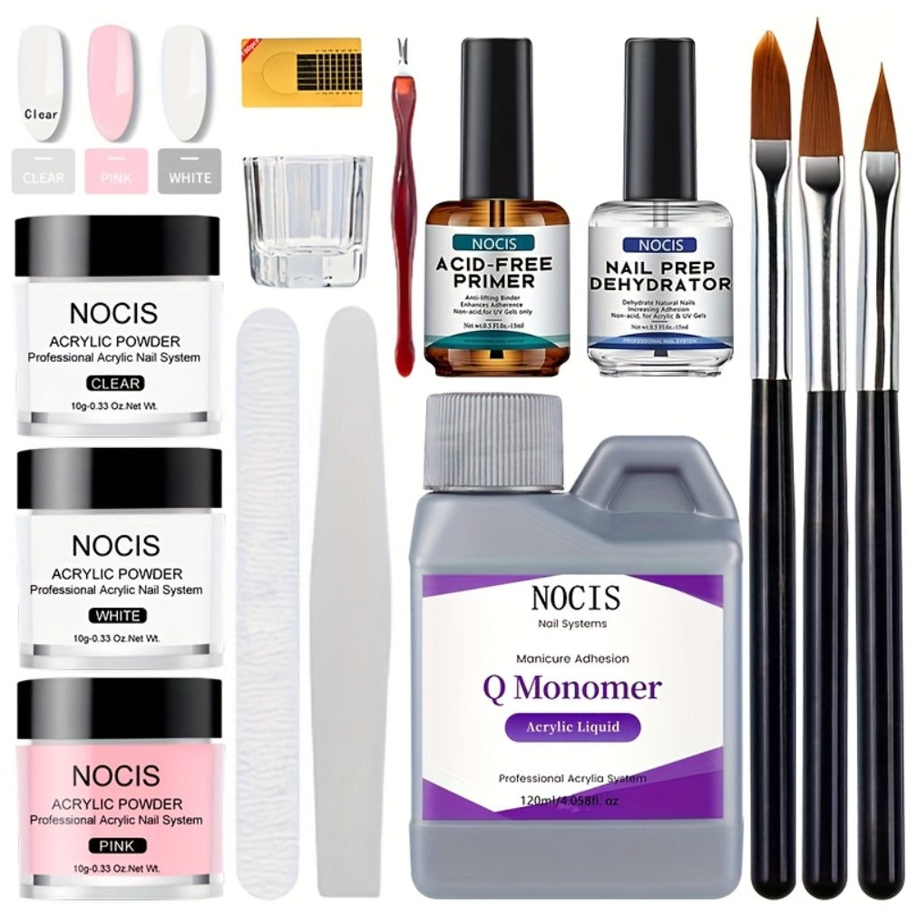 Acrylic Nail Kit NOCIS Three 10g Powders with Q Monomer, Primer, Brush Cleaner, Four Brushes and Mixing Cup — image 1