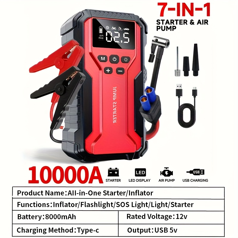 10000A Car Jump Starter with 12V Clamps, LED Light and Optional Integrated Air Pump in Red, Green or Gray — image 18