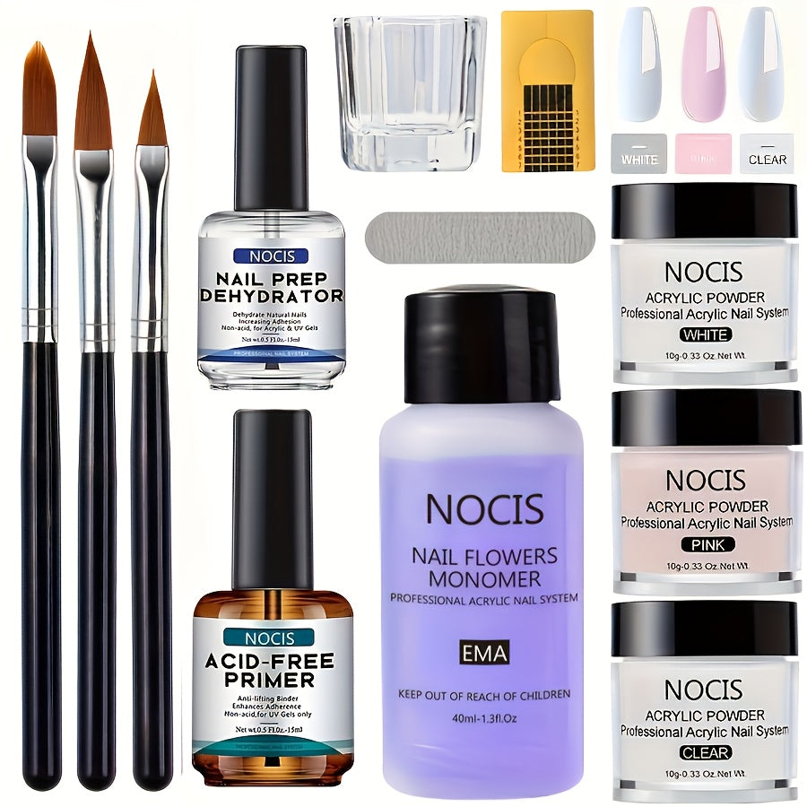 Acrylic Nail Kit NOCIS Clear, Pink and White Powders with Q Monomer, Primer, Brush Cleaner and Four Brushes — image 11