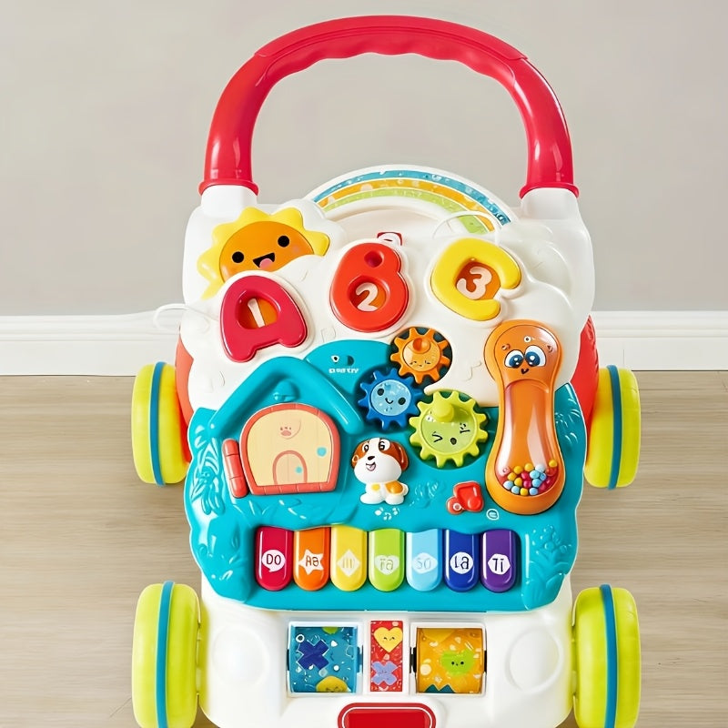 Sit to Stand Baby Push Walker 2-in-1 Adjustable Speed Learning Walker Detachable Play Panel 7-Mode Piano Light-Up Buttons Sou