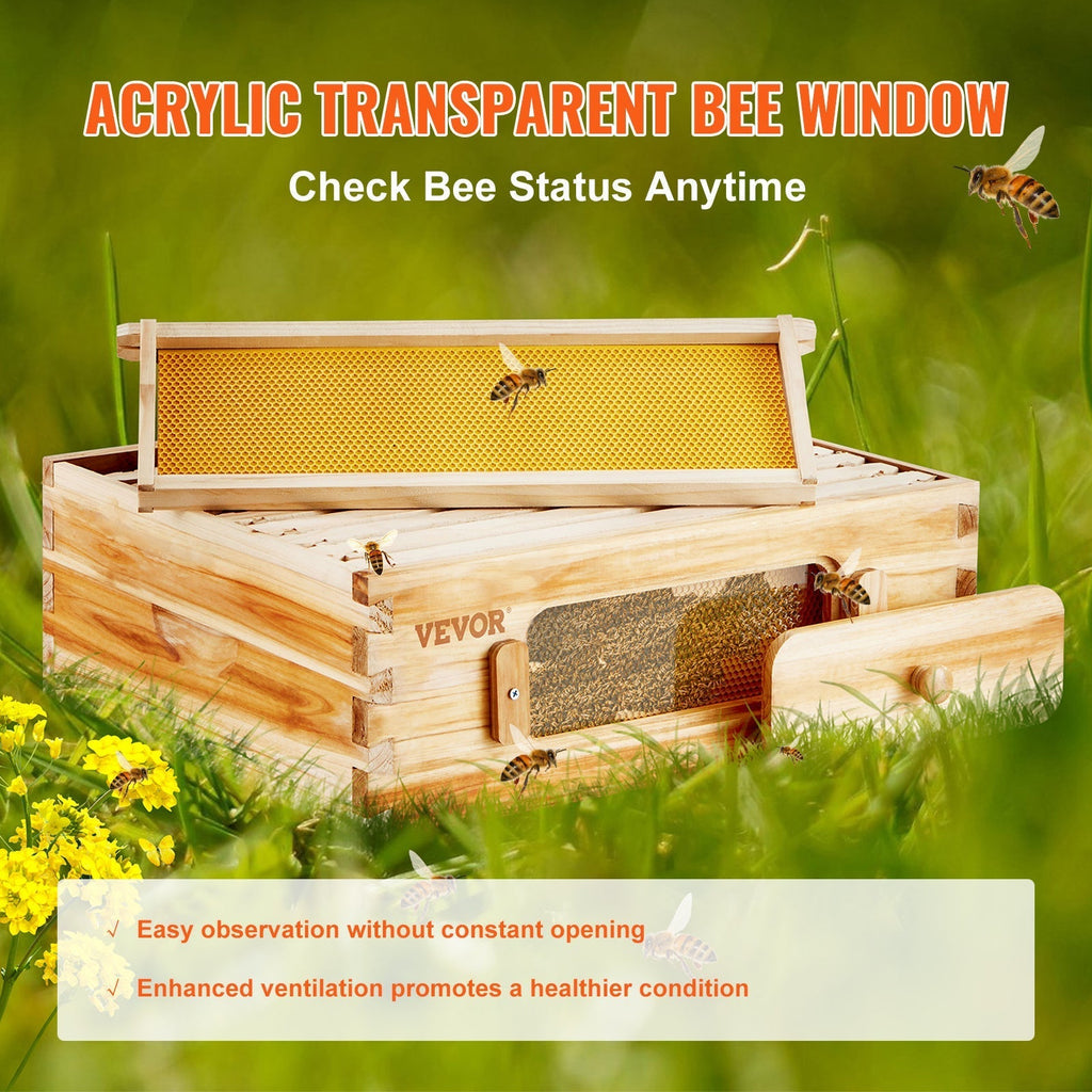 Beehive Kit 10 Frame Cedar Wood Bee Hive with Transparent Windows & Beeswax Coating, for Garden, Yard and Pest Management — i