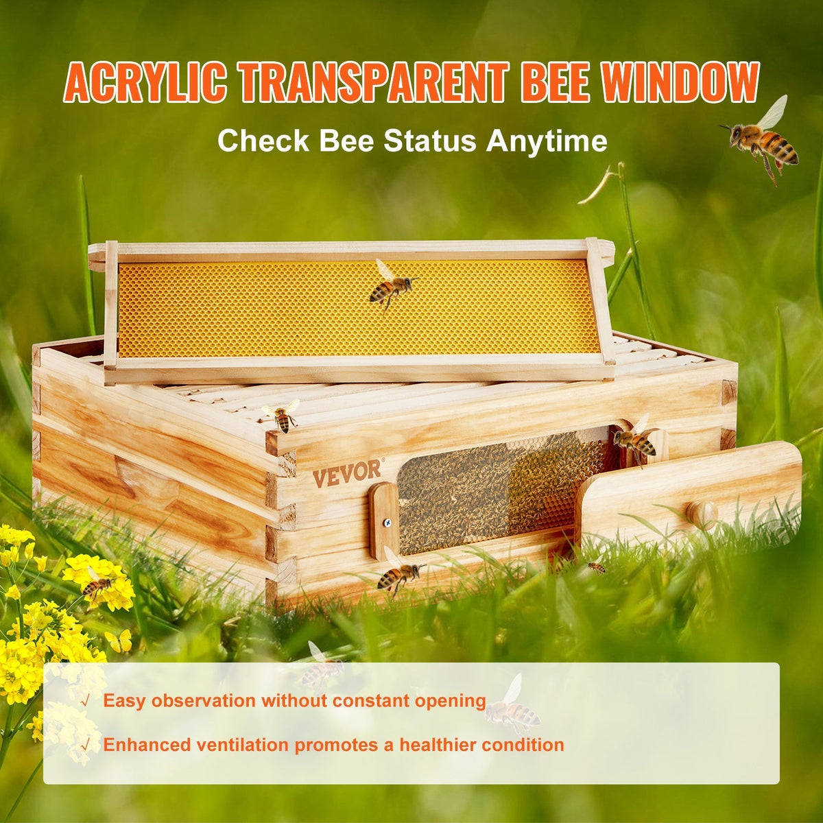 Beehive Kit 10 Frame Cedar Wood Bee Hive with Transparent Windows & Beeswax Coating, for Garden, Yard and Pest Management — i