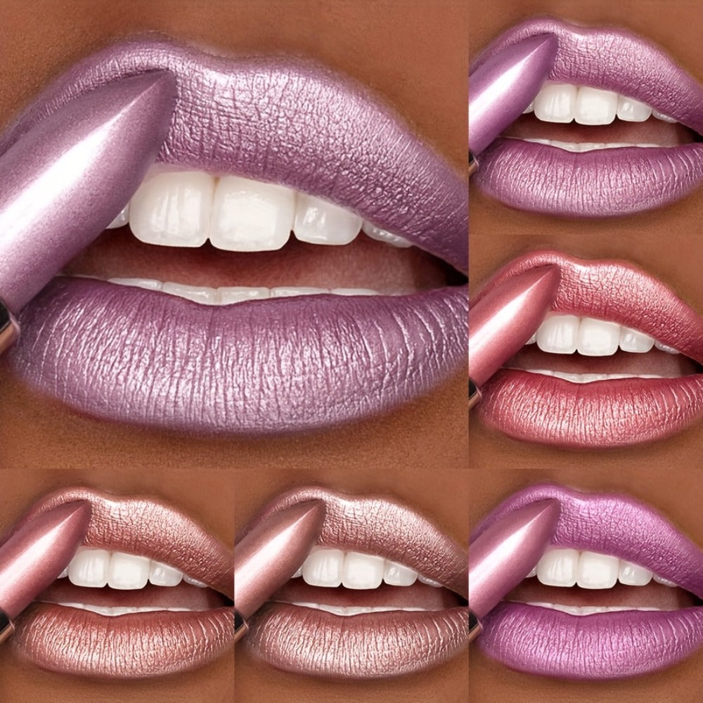 Shimmer Lipstick Set 6 Piece Waterproof Long Lasting Glossy Lip Color Coral Pink Red Purple Shades Makeup Kit for Women Trave