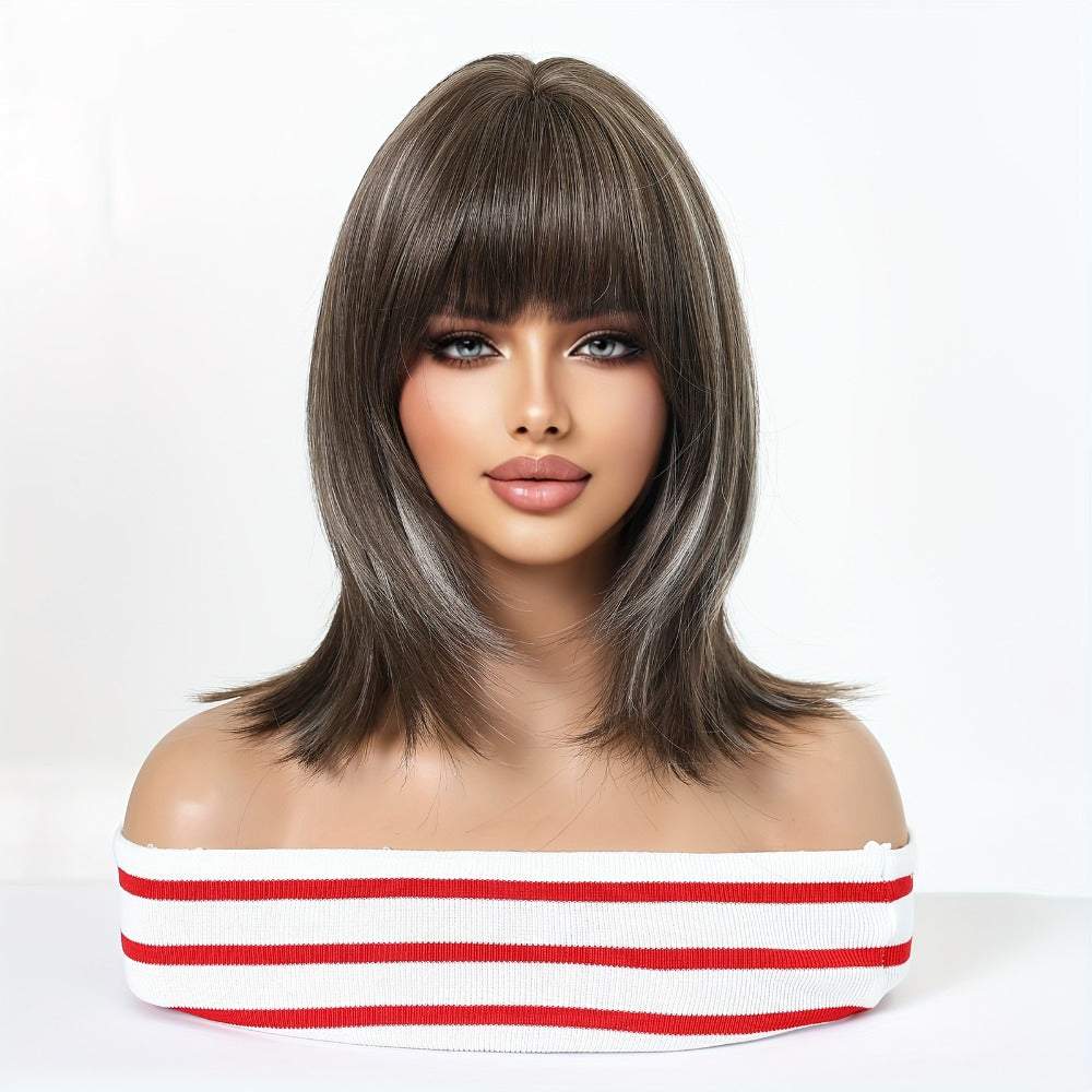 Synthetic Wig 14-Inch Layered Brown Highlight Ombre with Bangs and Rose Net Cap with Item-Specific Color, Length, Texture and