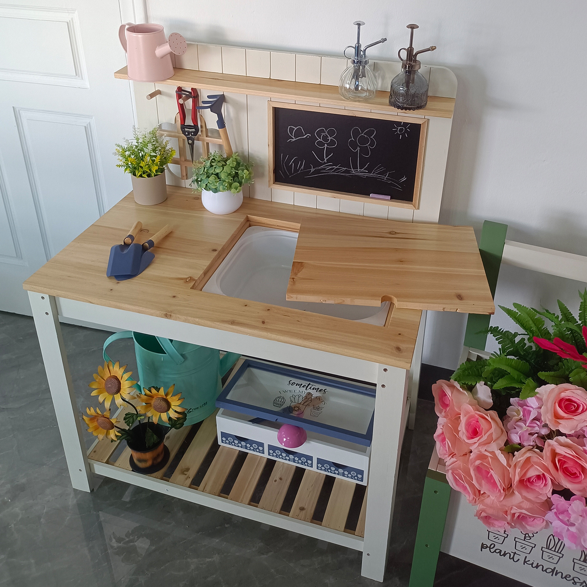 Potting Bench with Blackboard Removable Sink Hooks Double Shelf for Garden — image 13