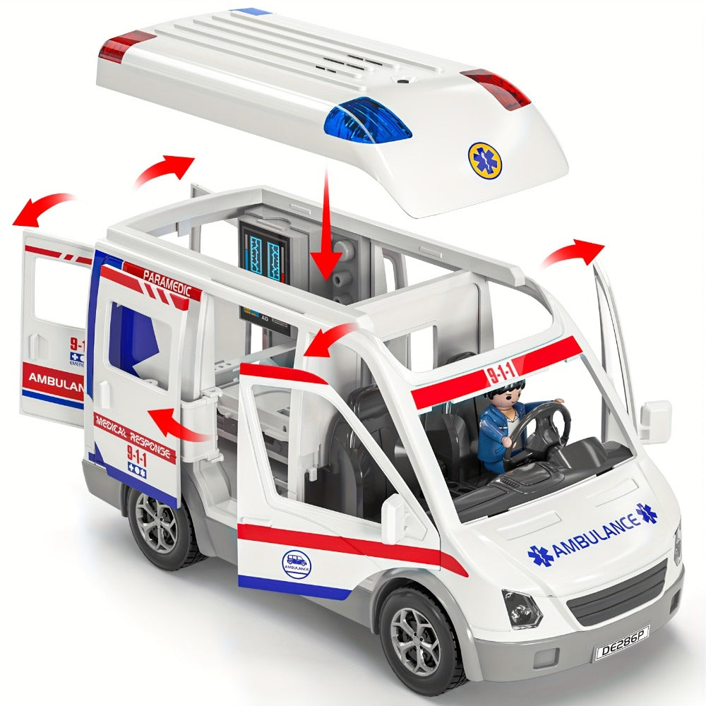 Ambulance Toy Playset for Kids Ages 3-8, Realistic Friction-Powered Emergency Vehicle with Flashing Lights & Siren Sound — im