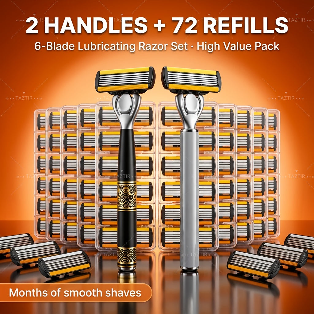 Luxury Men's Razor Set 6-Layer Blades – 2 Ergonomic Anti-Slip Handles & 72 Replaceable Blades, Precision Manual Shaving Kit —