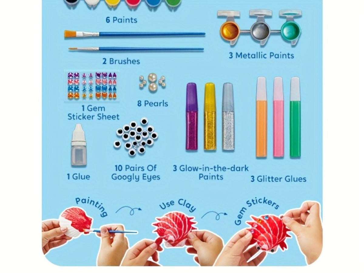 Seashell Painting Craft Kit with 12 Shell Forms, Glow-Labeled Paints, Brushes, Gems and Stickers — image 14