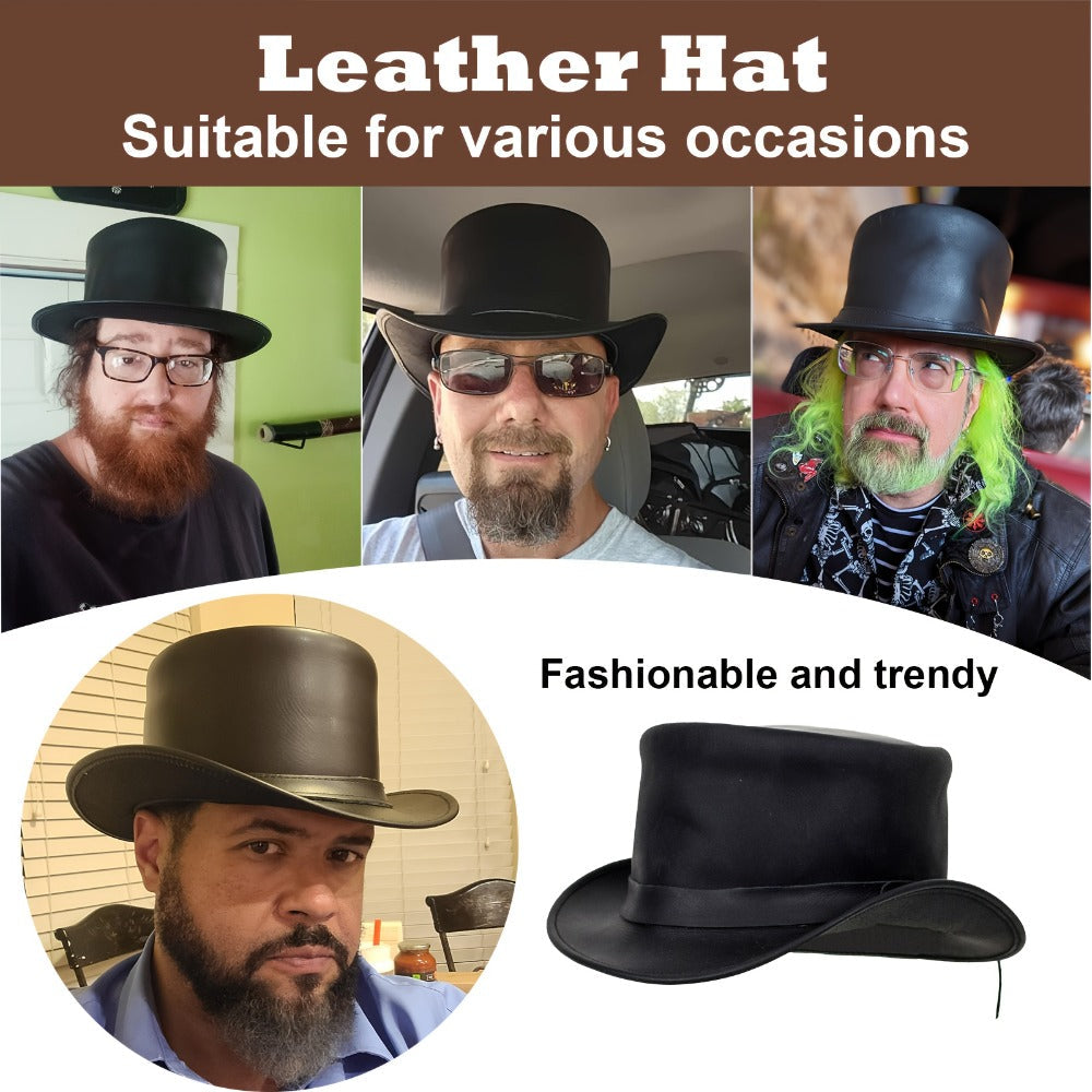 Genuine Leather Top Hat Steampunk Gentleman Shapeable Brim, Real Cowhide Low Crown Topper for Men & Women S-3XL — image 9