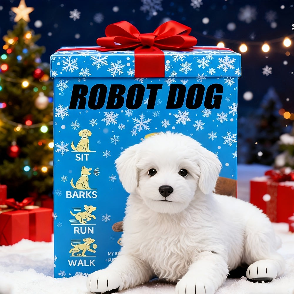 White Electronic Plush Robot Puppy Toy with Walking and Barking Box Icons in a White Gift-Box Option — image 2