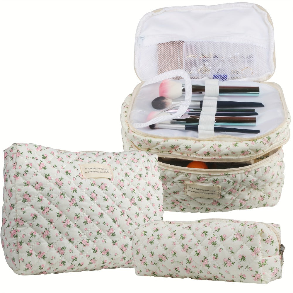 Makeup Bag Three-Piece Quilted Cotton Dual-Layer Floral Pouch Set for Travel, Vanity and Everyday Beauty Storage — image 2