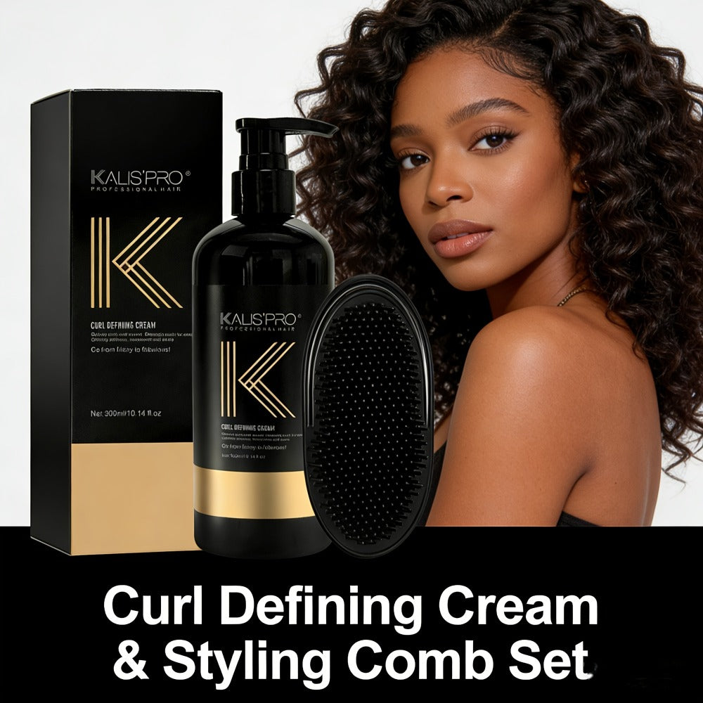 Curl Defining Cream and Detangling Brush Set by KALISPRO with One or Two 300ml Pump Bottles — image 1