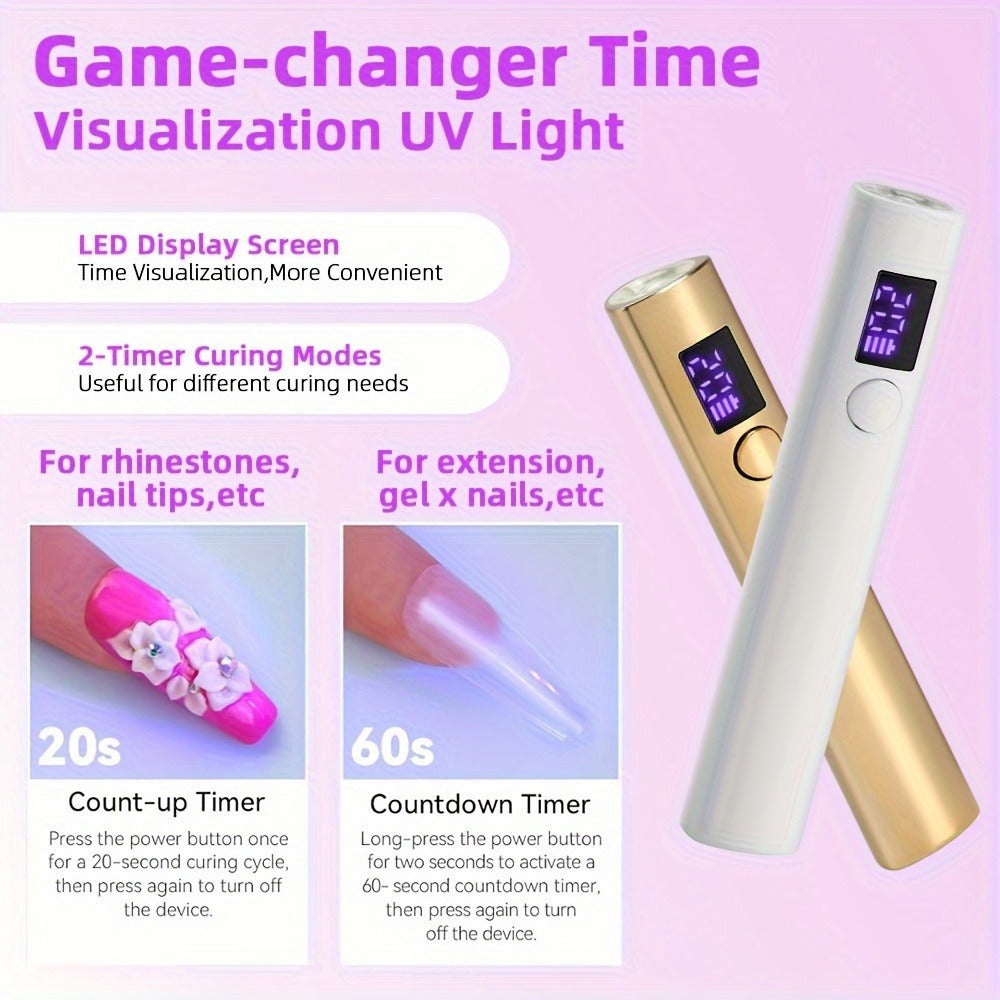 UV LED Nail Lamp Pen-Shape Cordless Rechargeable 365+405nm Gel Polish Curer – Portable Mini Nail Dryer with 2 Timer Modes 20s