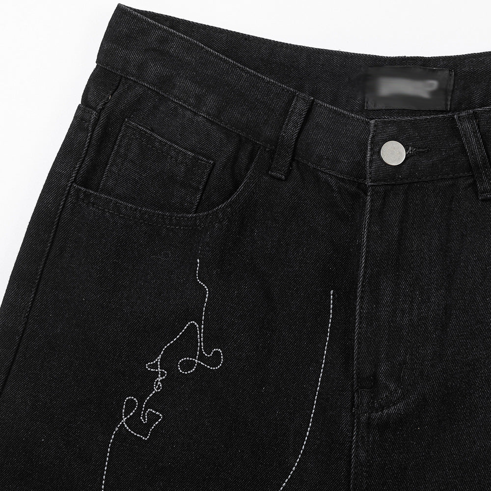 Line Embroidery Straight Jeans Men