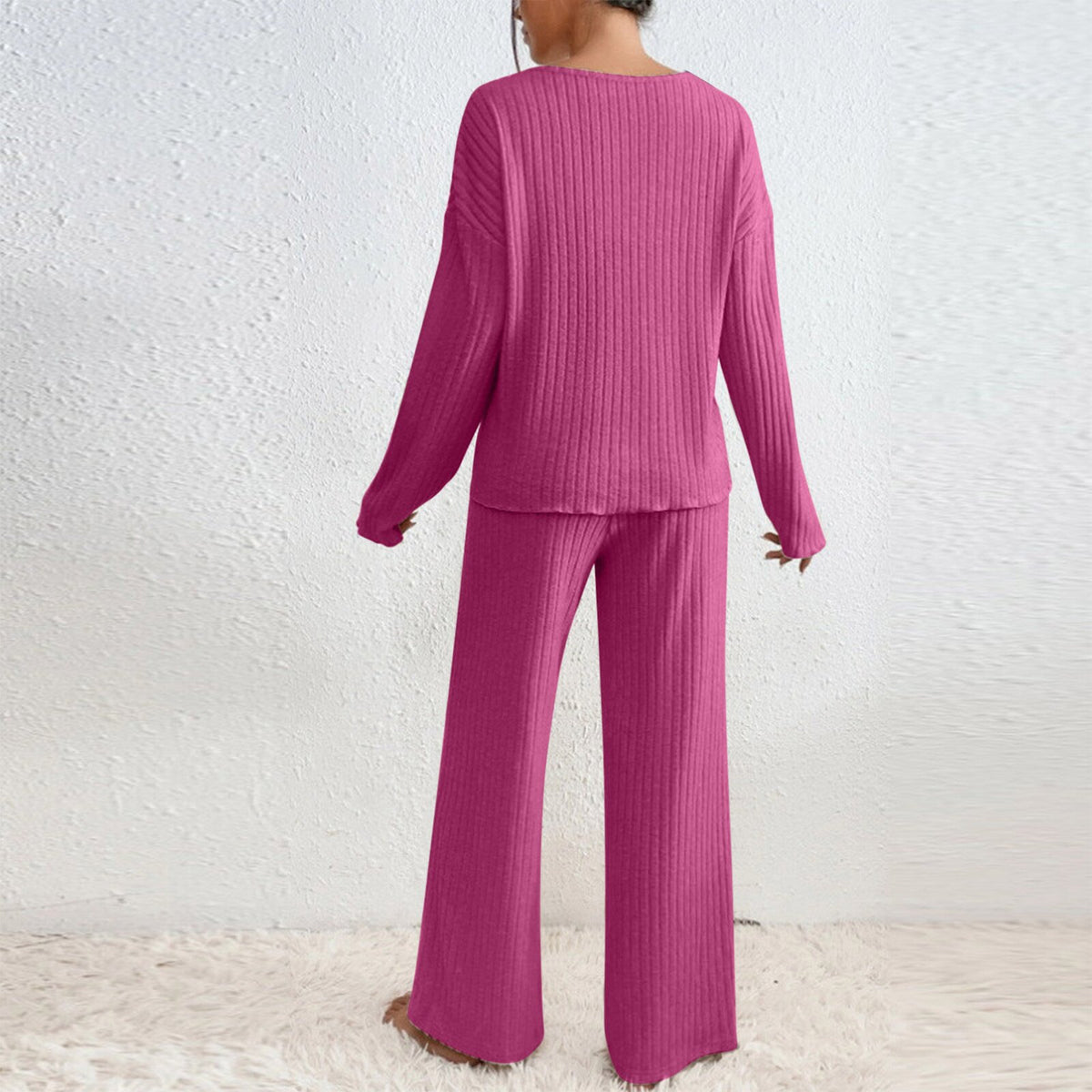Long Sleeve V-neck Knitted Sunken Stripe Brushed Loose Leisure Suit