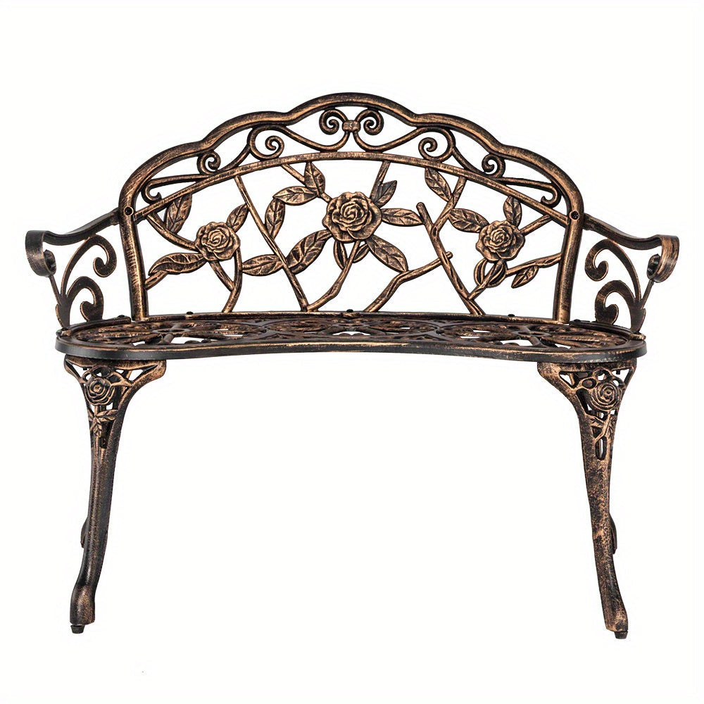 Floral Metal Outdoor Bench with 38.5in Rose-Pattern Seat and Back, Curved Arms and Four Color Options — image 5