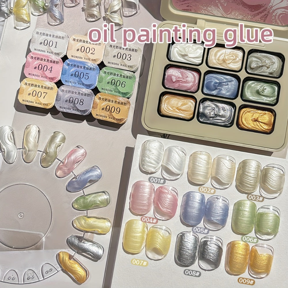 Pearlescent Nail Gel 9-Grid Shell Shimmer Mother of Pearl Cream Oil Painting Gel Polish Set – Multicolor Glitter Iridescent S