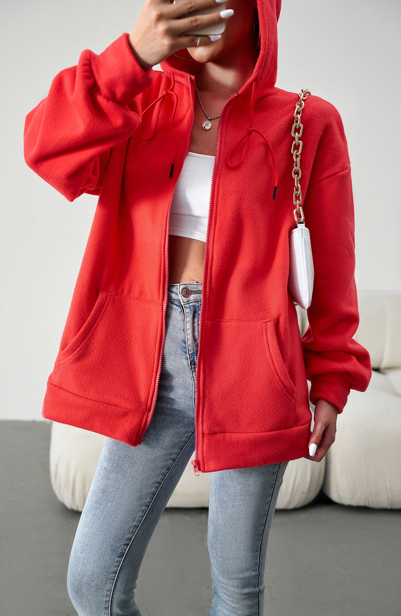 Casual Fashion Hooded Cardigan Jacket With Pockets Winter And Autumn Loose Sports Coat Women Solid Outwear Clothing