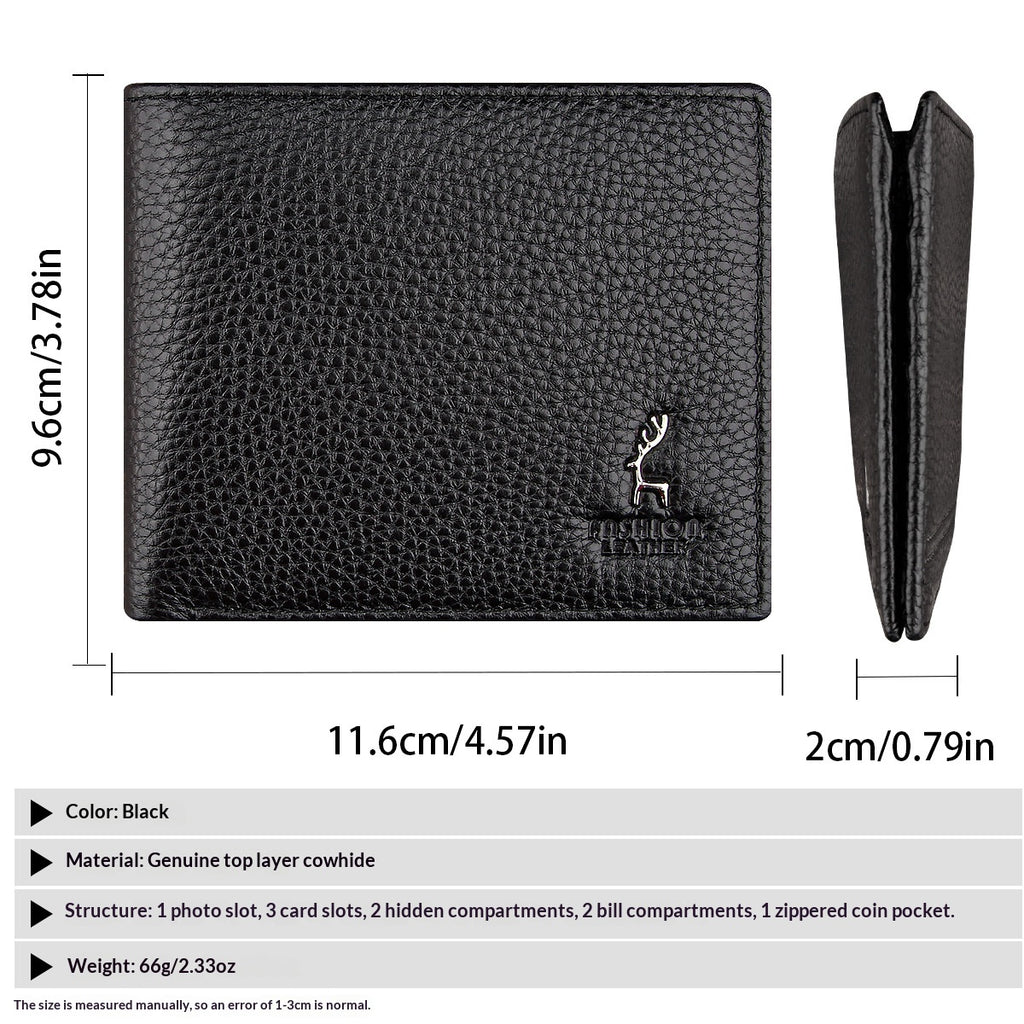 Black Men's Genuine Leather Wallet Cowhide Short Bifold