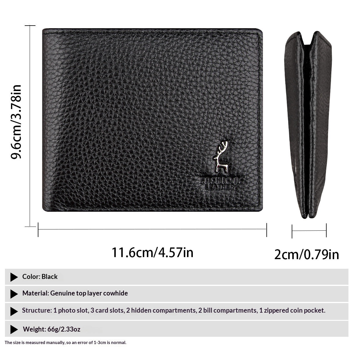 Black Men's Genuine Leather Wallet Cowhide Short Bifold