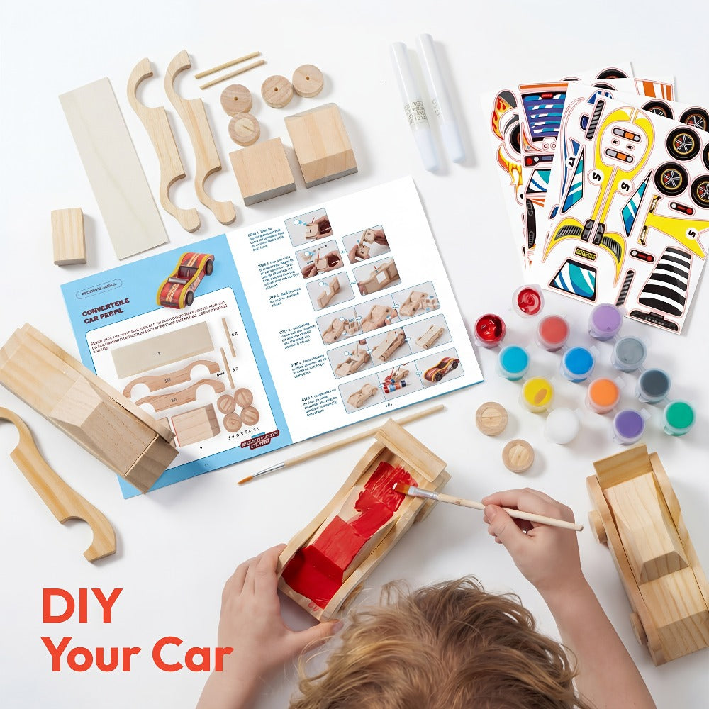 DIY Wooden Race Cars 4pcs Build & Paint Kit for Kids Ages 8+, 44 Pre-Cut Pieces 12 Colors Racing Stickers — image 4