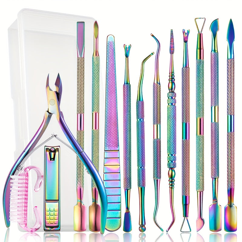 Nail Tech Kit 15pcs Professional Stainless Steel – Cuticle Nipper & Pusher Nail File Gel Polish Remover Complete Manicure Ped