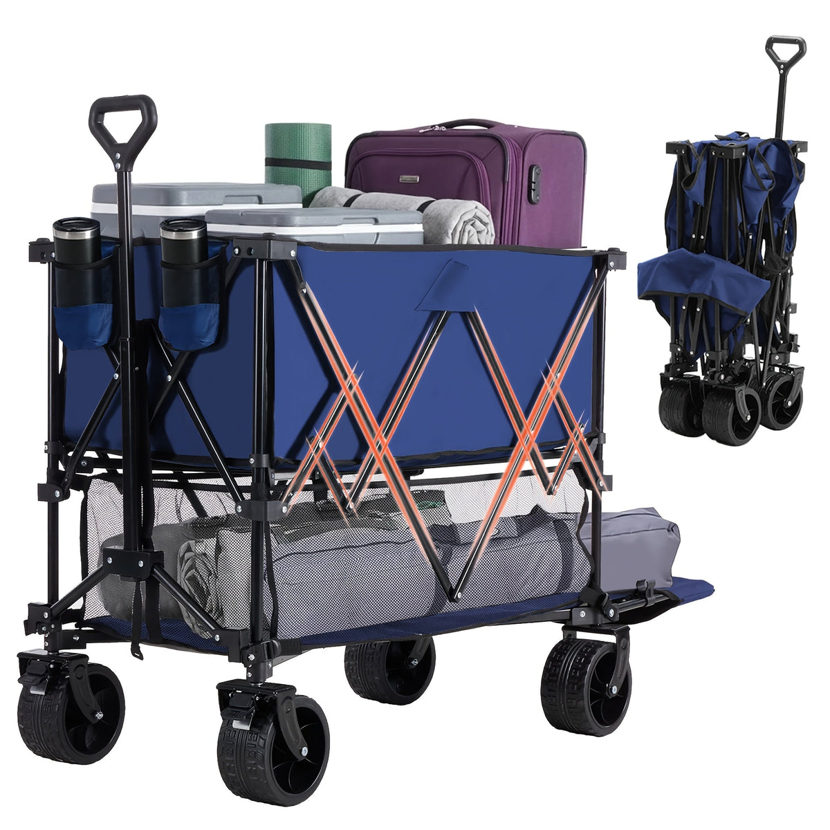 Folding Wagon Cart Double Decker 400L Collapsible Outdoor Utility Cart 54in Extended Shelf Wheels — image 1