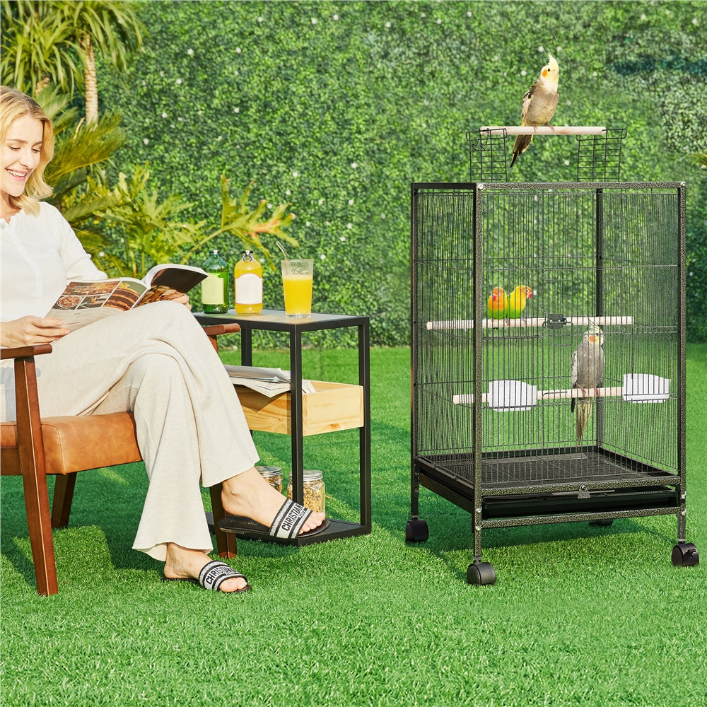 Bird Cage with Rolling Stand Open Top 31 Inch Wrought Iron Black – Slide Out Tray Feeder Doors, for Everyday Bird and Small A