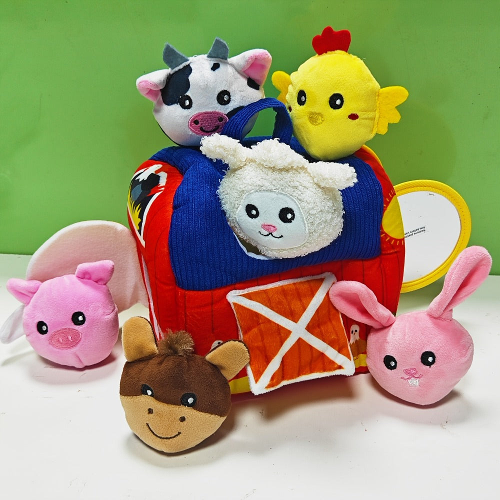 Farm Playset Baby Toy with 6 Plush Animals, Barn, Rattle, Crinkle & Mirror, Portable Sensory Learning Toy for Babies & Toddle