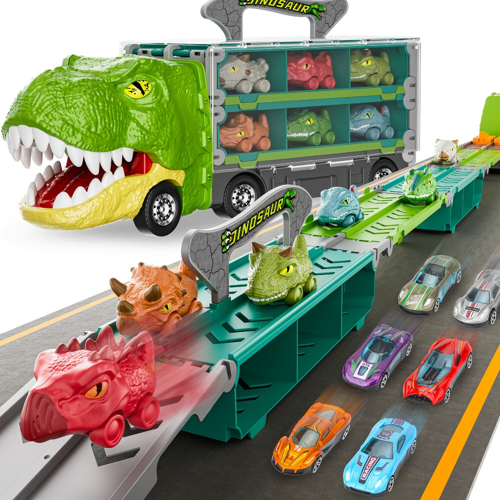 Dinosaur Truck Toys 13-in-1 Transport Carrier with 63-Inch Foldable Race Track, 6 Dino Cars + 6 Die-Cast Cars — image 4