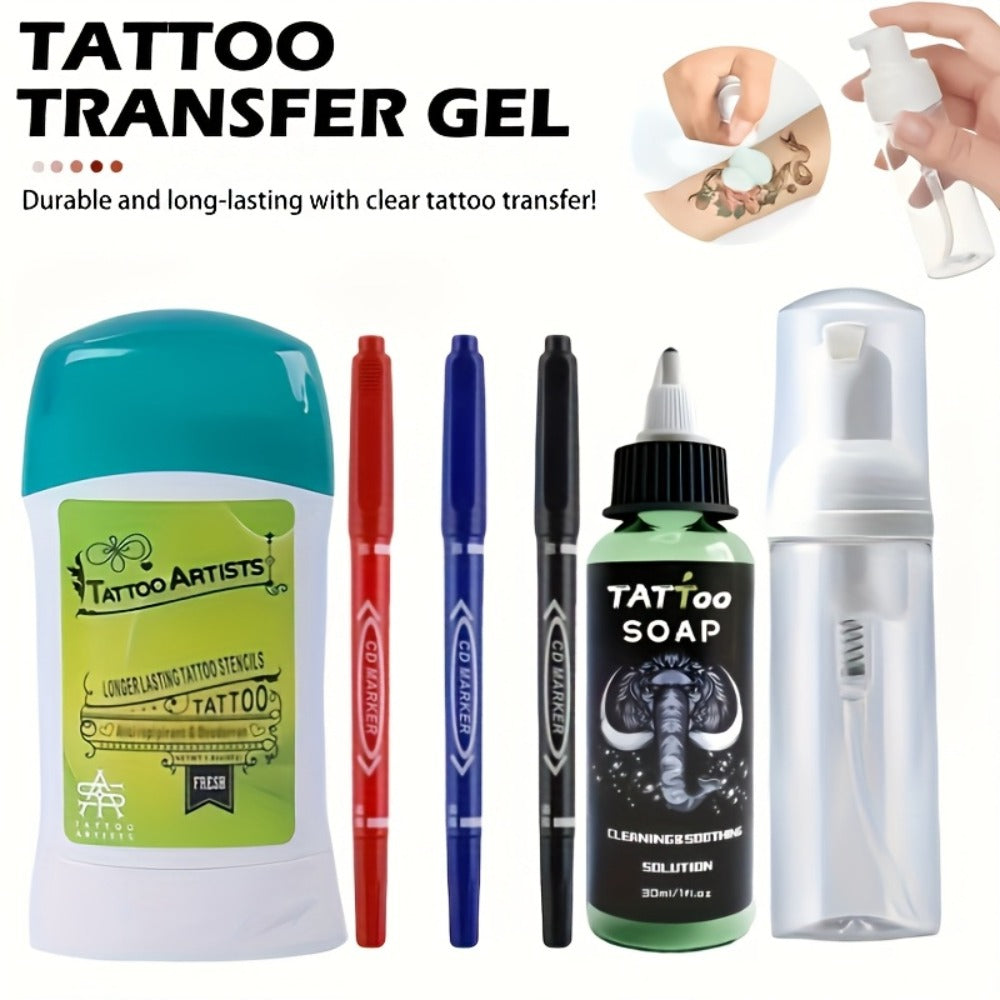 Tattoo Transfer Kit Complete Set with Ink Gel Green Soap Solution & Stencil Markers for Temporary Body Art, Festivals and Cos