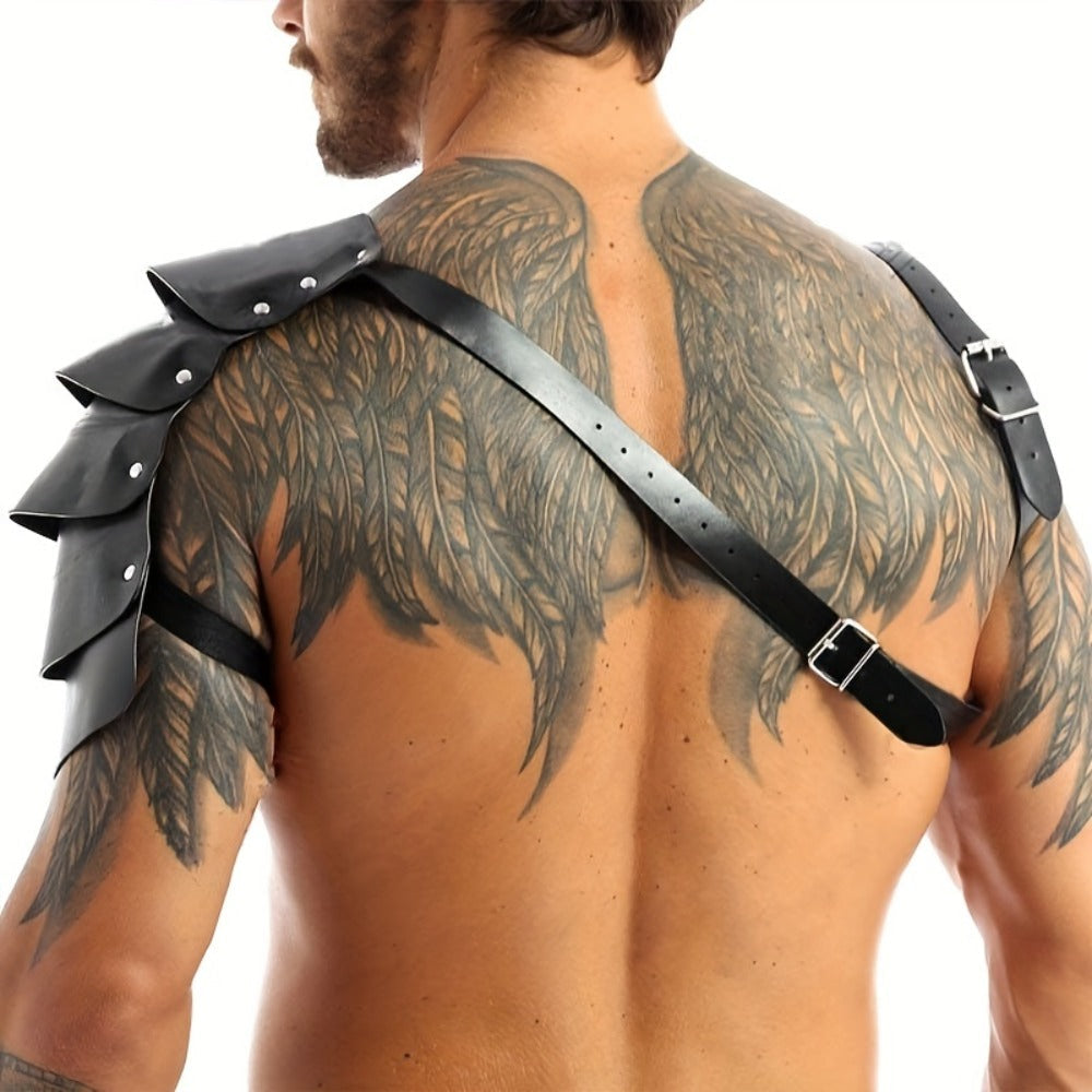 PU Leather Shoulder Armor Warrior Costume Prop with Belt for Men, Single Pauldron Medieval Knight Armor Dress Up Accessory fo
