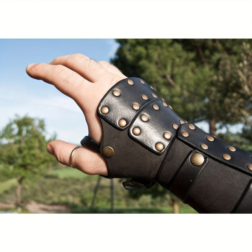 Riveted Costume Forearm Guard in Brown, Black or Coffee with Finger Loop and Buckled Strap Details — image 7