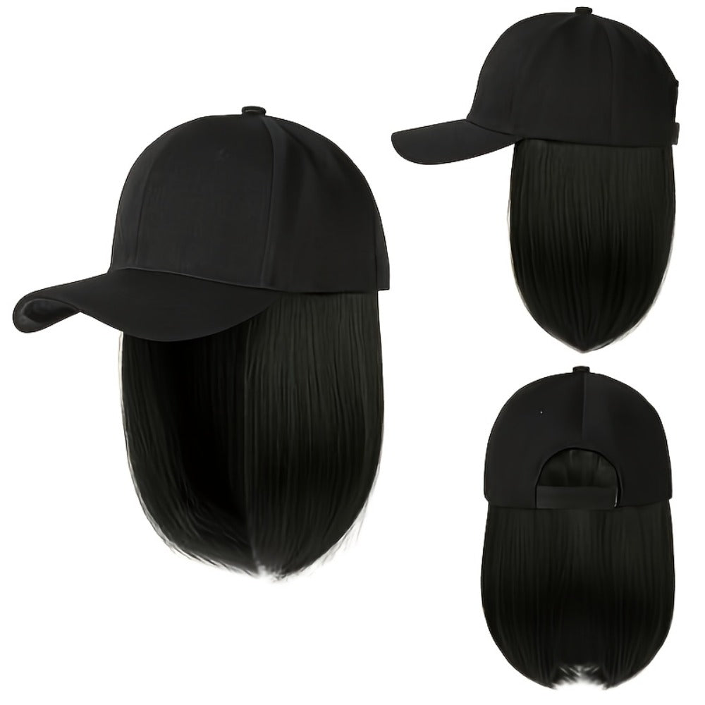 Baseball Cap Wig Women 2-in-1 Short Bob 12 Inch Glueless Synthetic Straight Breathable Adjustable Heat Resistant Natural Look